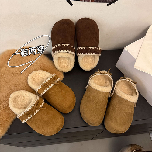 加绒防滑厚底半拖勃肯鞋女外穿2025新款冬季增高保暖棉拖鞋子单鞋