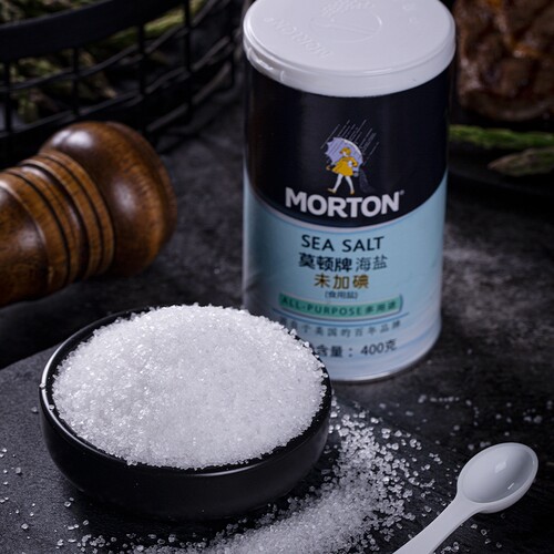 中盐莫顿未加碘海盐瓶装盐无碘食盐400g烘焙零抗结剂不添加碘家用