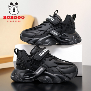 男孩黑色耐脏童鞋 巴布豆男童运动鞋 儿童皮面老爹鞋 2025新款 潮 秋季