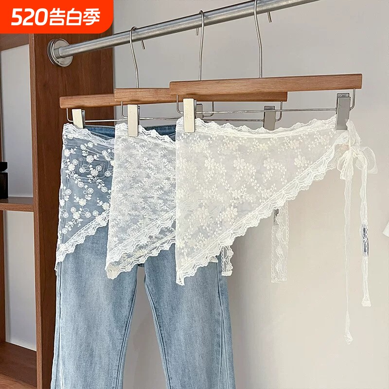 韩系白色蕾丝丝巾腰带女春夏季法式复古高级感三角巾屁帘叠穿裙帘