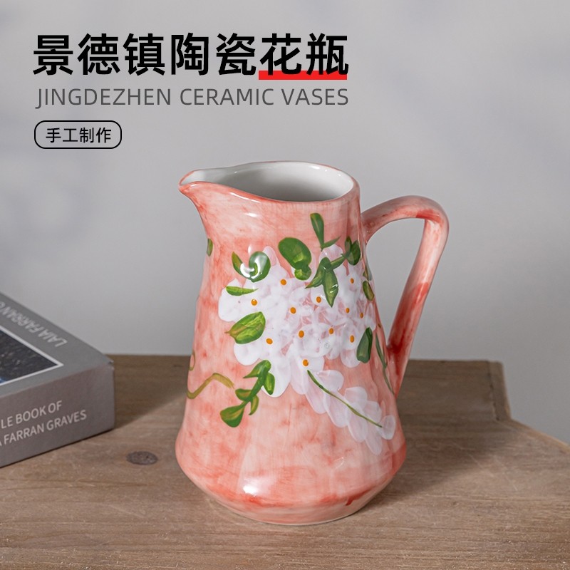 景德镇手工陶瓷花瓶手绘单耳瓶绿植水培客厅玄关摆件插花彩绘桌面