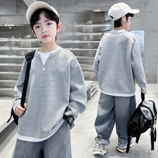 童装男童卫衣春秋款2026秋季打底衫儿童男孩冬装上衣加绒黑色灰色