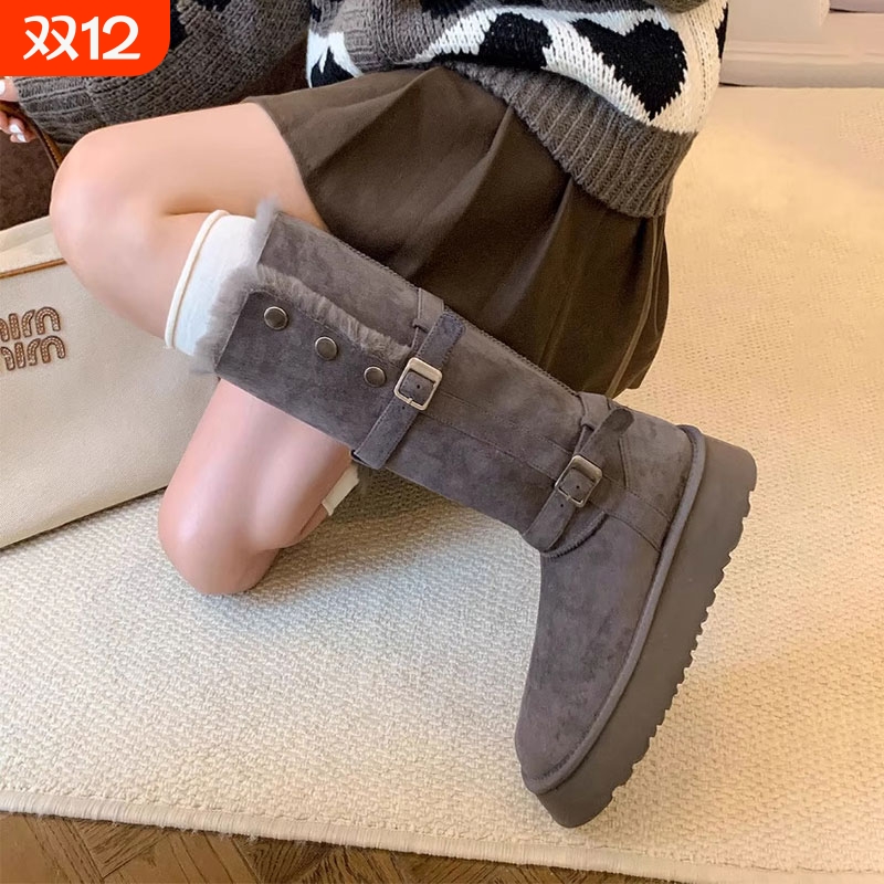 加绒加厚雪地靴女款2025冬季新款厚底保暖中长筒雪地棉靴棉鞋灰色