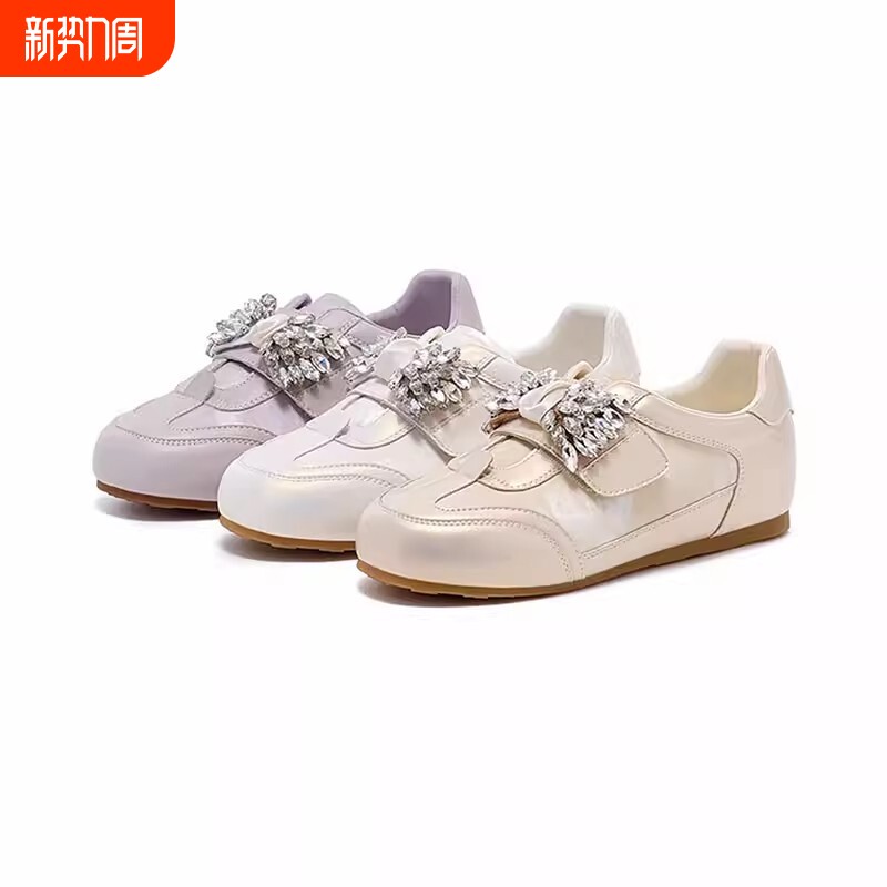 羊皮版~时尚水钻阿甘鞋2026春季新款舒适圆头轻便百搭休闲德训鞋