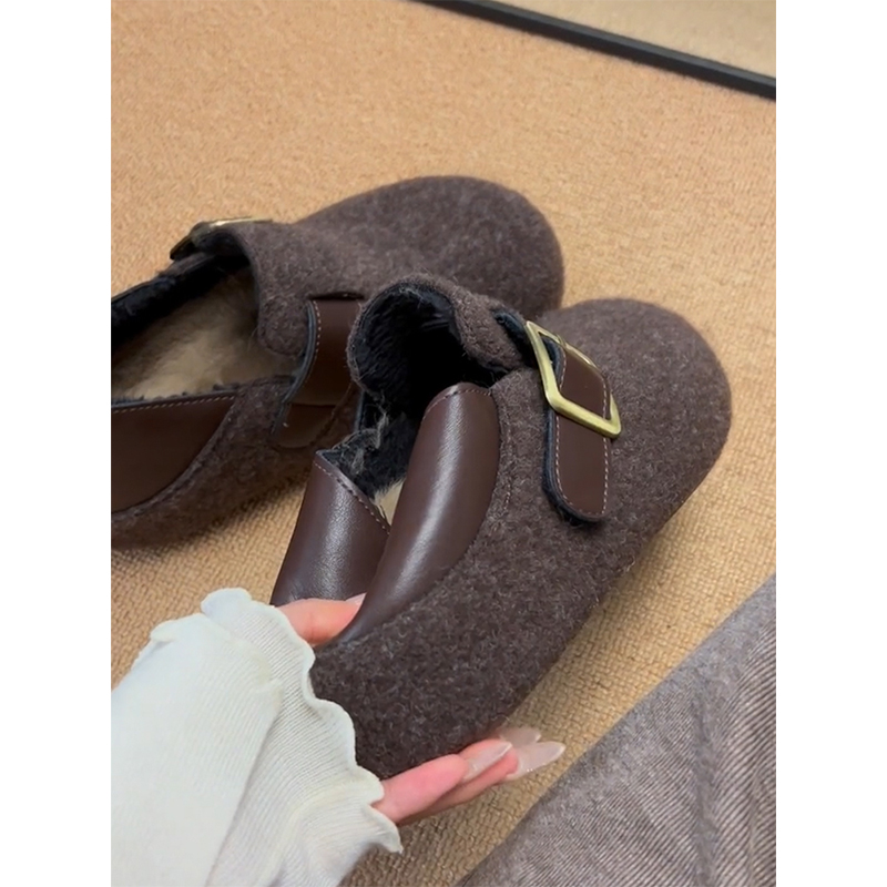 内增高5cm两穿毛呢勃肯鞋女冬季新款加绒保暖一脚蹬棉鞋灰色毛绒