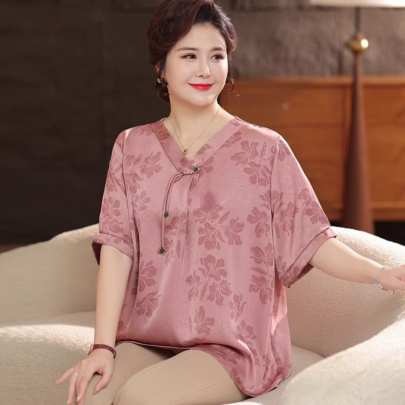 2025新款胖妈妈夏装桑蚕丝短袖T恤中老年特大码女装宽松上衣套装