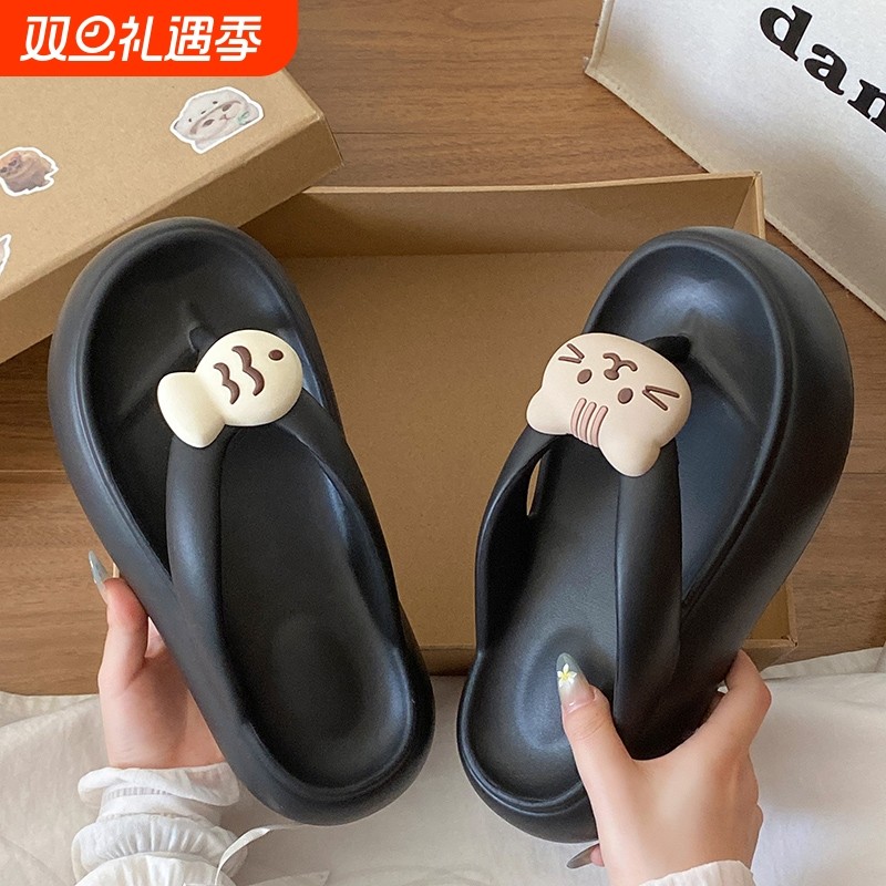 可爱海边沙滩夹趾鞋女百搭立体小猫咪EVA厚底学生通勤增高人字拖