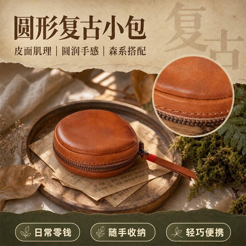 休闲简约风手工牛皮拉链零钱包百搭精致可爱小圆包耳机收纳包黑色
