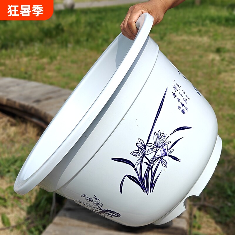 超大花盆圆形加厚耐用仿陶瓷无孔果树睡莲塑料盆带托盘养花底部