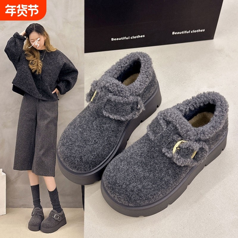厚底增高灰色毛呢加绒全包勃肯鞋女2025年冬季新款复古一脚蹬棉鞋,女鞋,勃肯鞋/软木鞋,淘宝优惠券,粉丝福利购,淘宝优惠卷