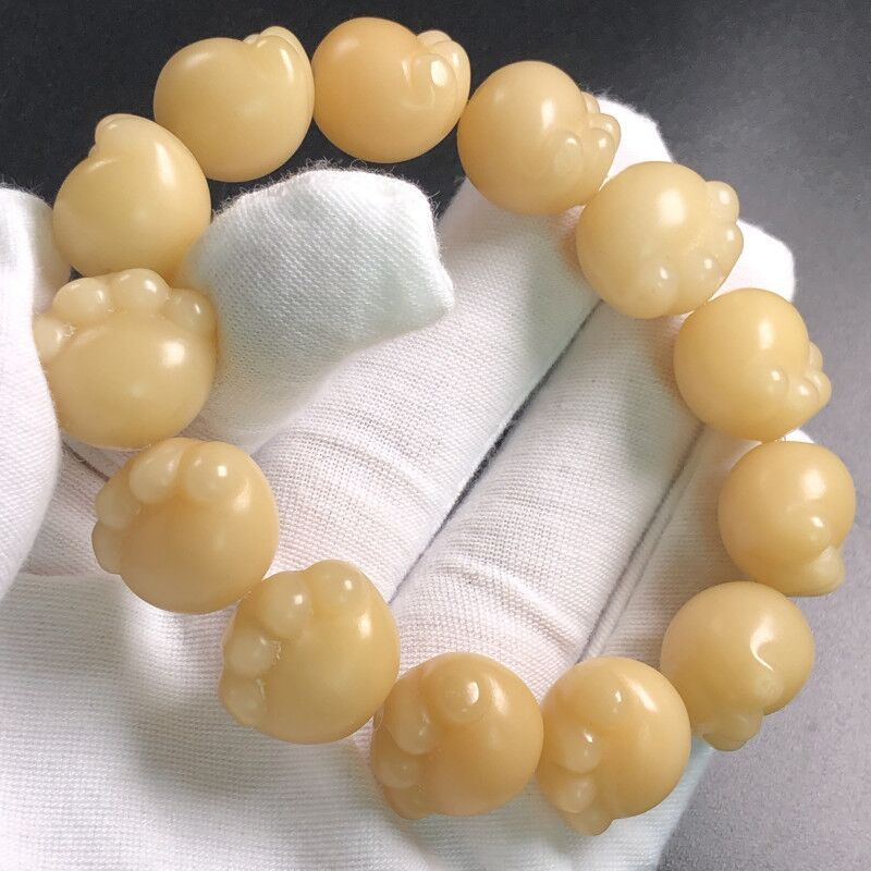 手工雕刻猫爪菩提根串盘文玩白玉子佛珠男绕指柔链女风化奶黄原色