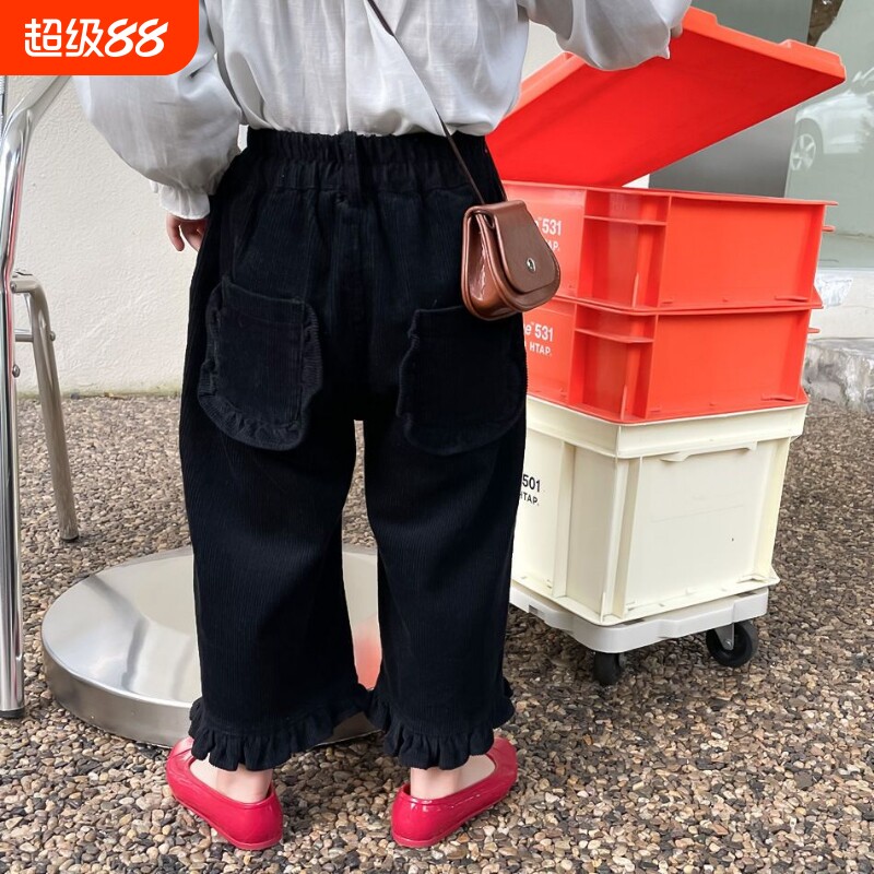 女童秋装花边直筒裤女宝宝春秋款韩版灯芯绒裤子儿童秋季长裤童装