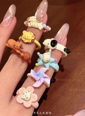 原创小众趣味卡通动物开口戒指女可爱设计感创意可旋转指环食指戒