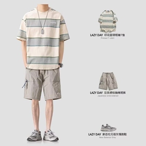 原创男装夏季搭配日系美式潮牌条纹短袖T恤男宽松五分裤短裤套装