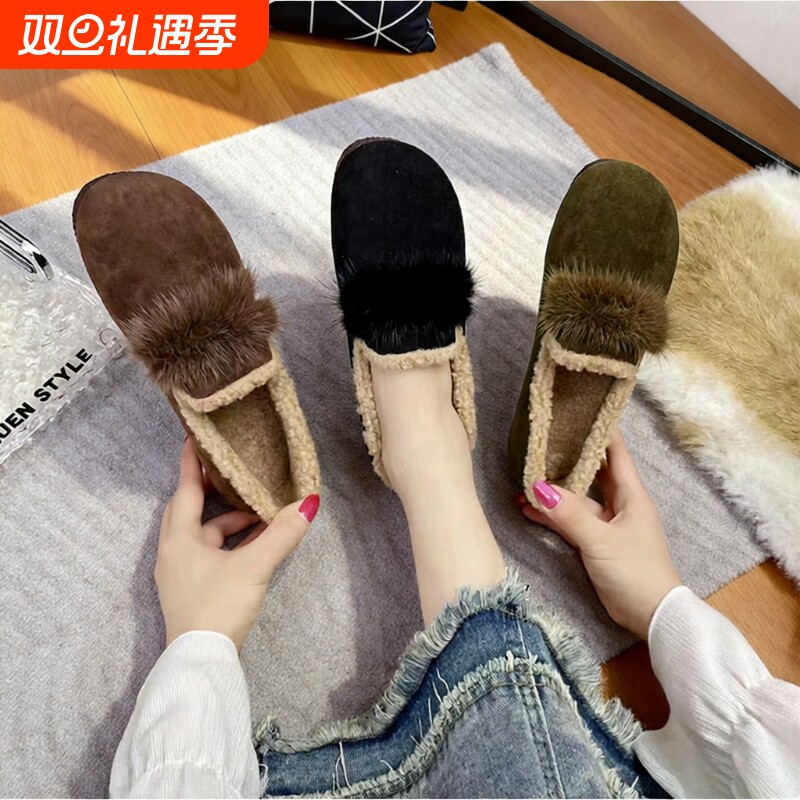 2025年冬季新款百搭加绒软底时尚羊羔毛豆豆鞋保暖一脚蹬加厚女鞋
