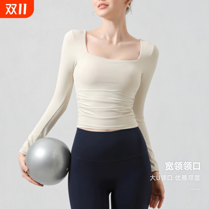 带胸垫裸感瑜伽服女长袖T恤外穿修身固定一体杯显胸小黑色白色