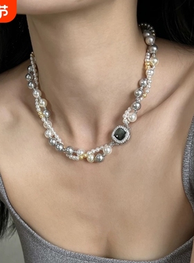 日韩双层叠戴珍珠项链女小众设计高级感颈链2024年新款爆款锁骨链