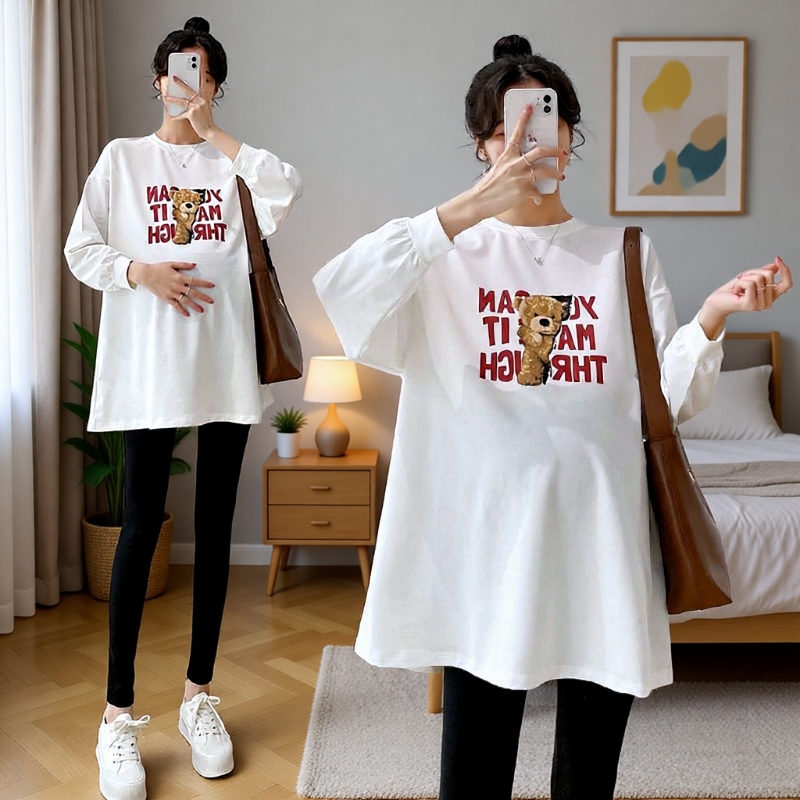 纯棉中长款孕妇长袖T恤女卡通印花秋季打底衫大码宽松圆领卫衣潮
