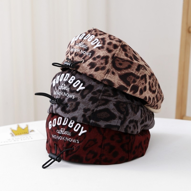 儿童帽子春秋款洋气豹纹前进帽男女宝宝反戴贝雷帽小孩复古画家帽