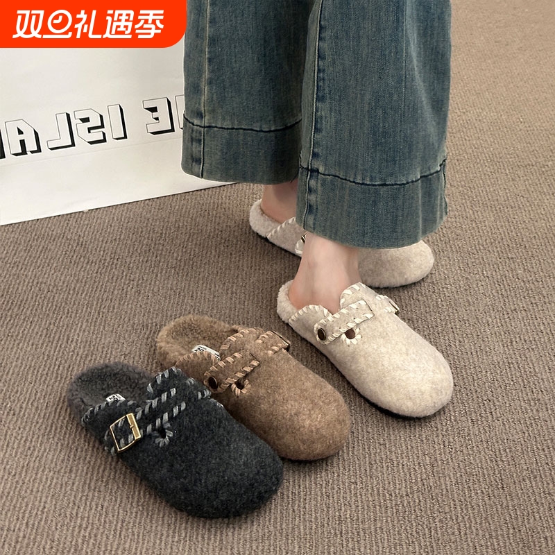 毛呢加绒勃肯鞋包头半拖鞋女外穿2025秋冬新款一脚蹬厚底毛毡棉拖