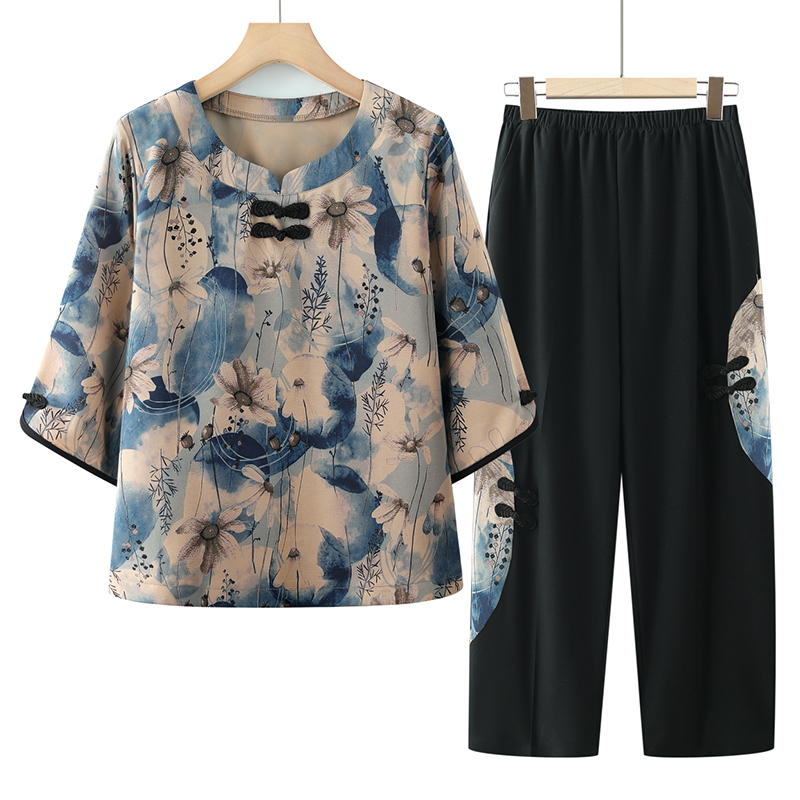 奶奶夏装短袖t恤套装女中老年人妈妈夏季中袖上衣老太太宽松衣服