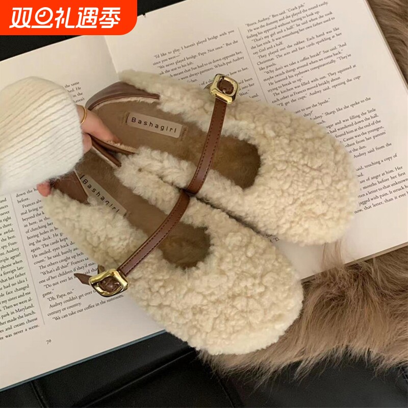 温柔可爱毛毛鞋2025新款甜美chic羊羔毛浅口加绒一字带豆豆雪