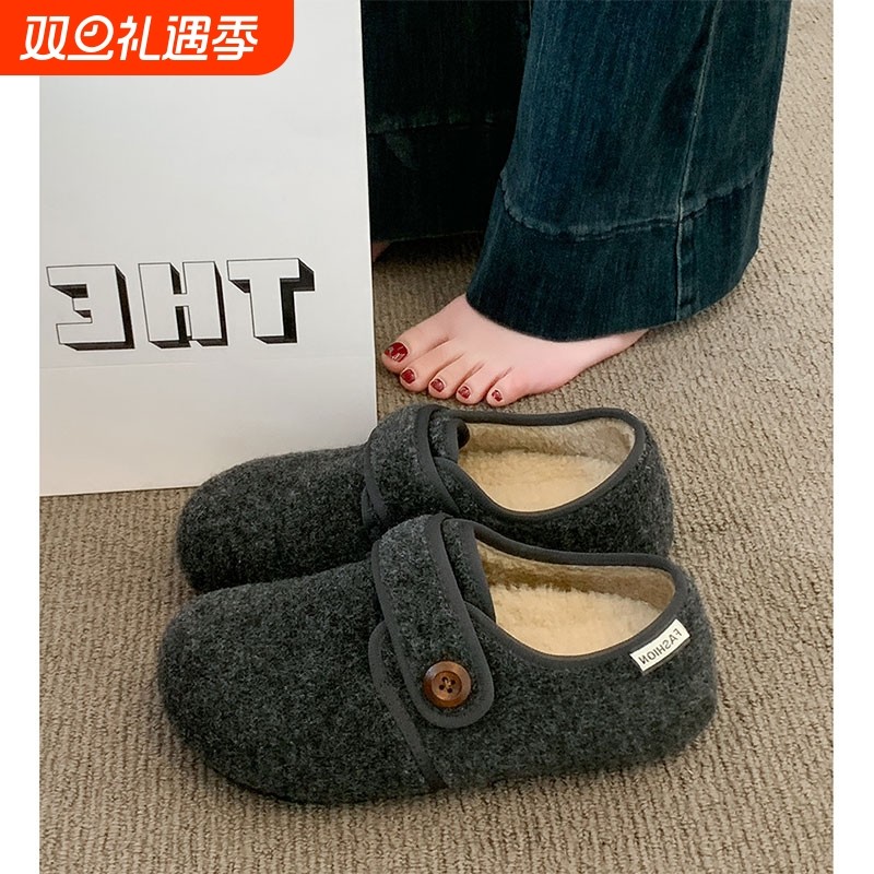 厚底灰色加绒豆豆勃肯鞋女毛毛鞋2025新款秋冬季鞋子保暖乐福棉鞋