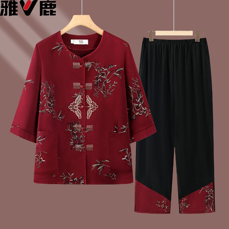 雅鹿奶奶装夏季套装老年人女装七分袖两件套妈妈装上衣老太太衣服