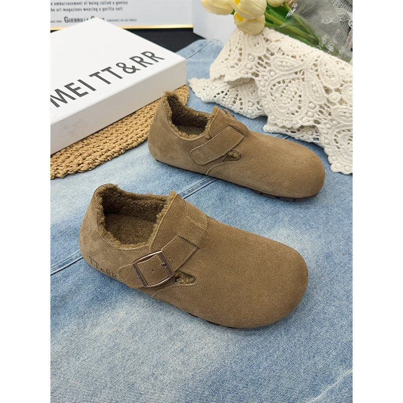 真皮勃肯鞋女加绒豆豆鞋2025年冬季新款大头丑萌鞋复古博肯懒人鞋