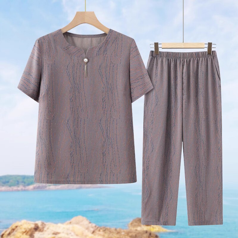 中老年人夏装套装女奶奶大码短袖上衣妈妈夏季两件套宽松老人衣服