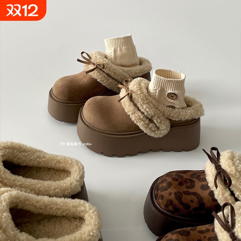 增高厚底加绒半拖勃肯鞋女2025新款冬季两穿加厚保暖毛毛棉拖鞋子