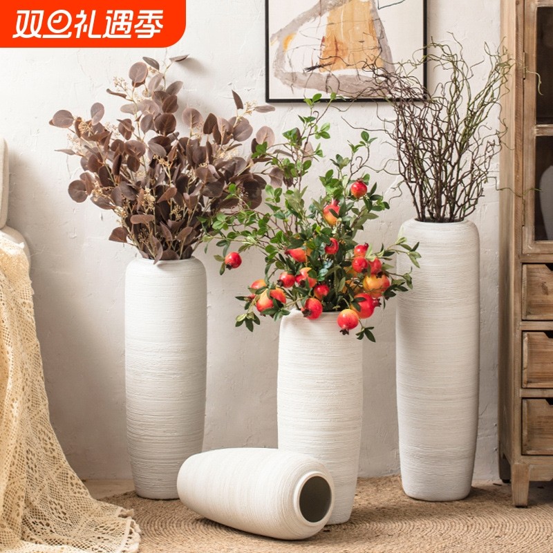 景德镇陶瓷花瓶现代简约客厅落地摆件北欧白色陶罐仿真干花装饰品