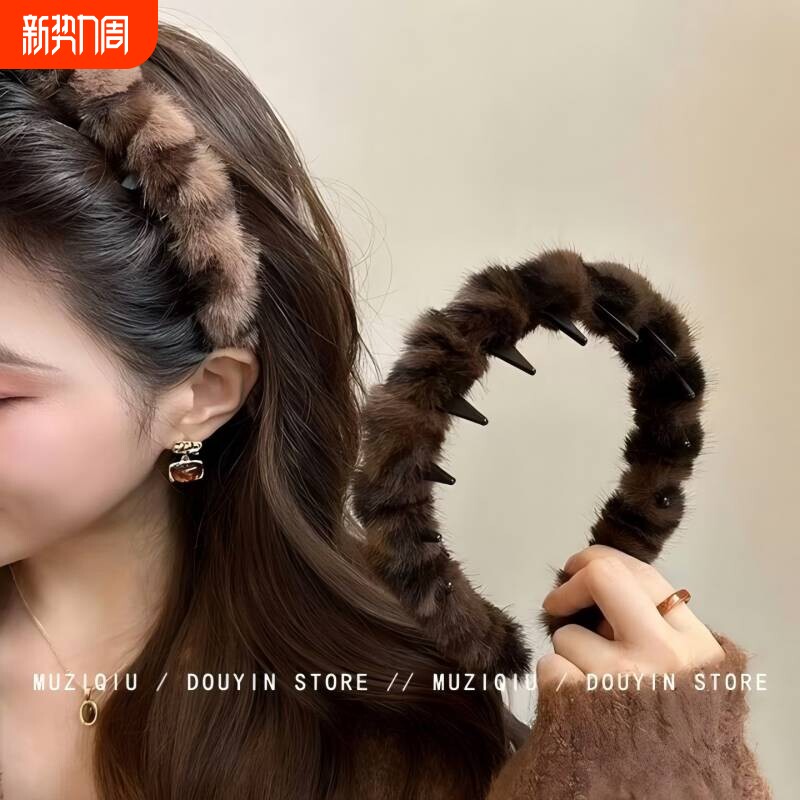 韩系复古豹纹带齿毛绒发箍女防滑洗脸发卡化妆发饰头箍2024年秋冬