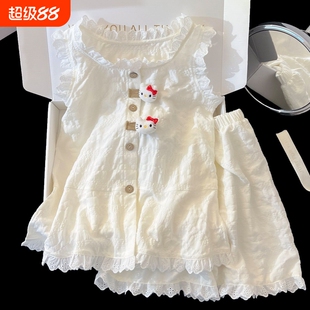 睡衣女童2026春夏季KT猫公仔新款云朵棉薄款中大童家居服套装短裤