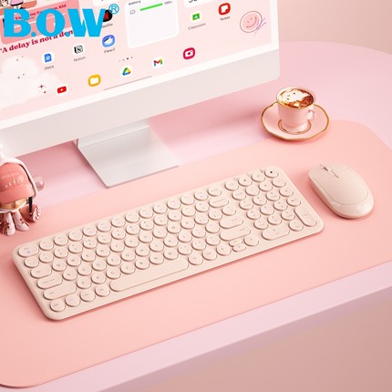 BOW无线键盘鼠标套装女生办公专用笔记本电脑有线打字静音小粉色