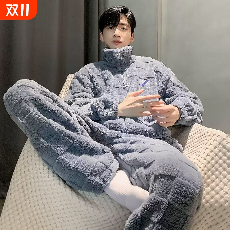 秋冬款睡衣男士珊瑚绒加绒加厚保暖法兰绒冬季家居服男款冬天套装