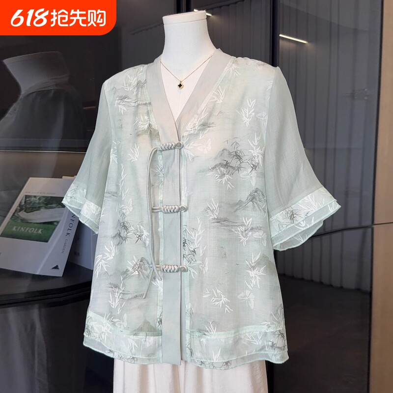 国风妈妈夏装2025短袖中式新款小衫中老年女装时尚雪纺衬衫套装