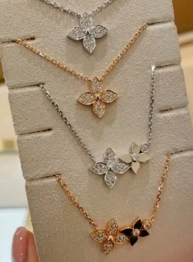 全新品质四叶花满钻石项链女锁骨链不掉色单花双花白金