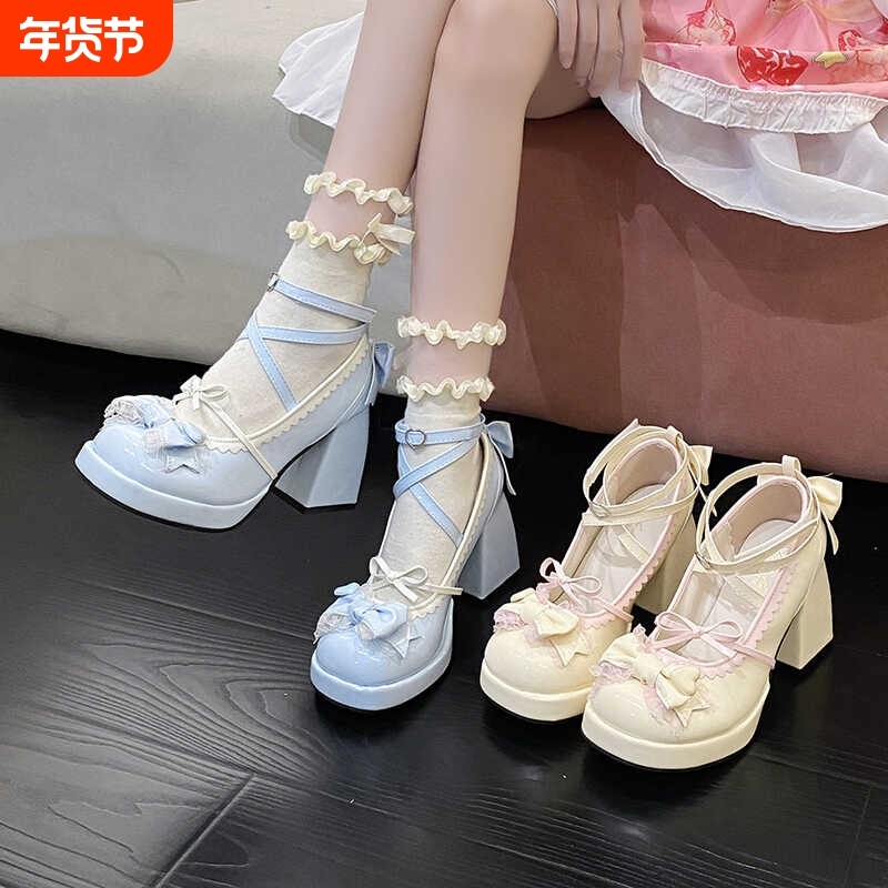 Lolita鞋气质玛丽珍防水台粗跟高跟鞋绑带蝴蝶结甜美少女洛丽塔