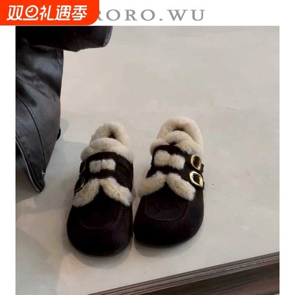 娆娆吴皮带扣一脚蹬外穿拖鞋女秋冬新款半包毛毛博肯鞋女单鞋E07