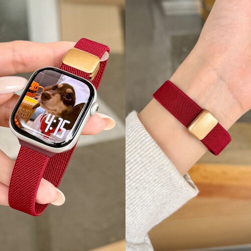 酒红色表带适用Applewatch11细款平纹磁吸扣苹果手表iwatch10编织腕带9/8/7/6/5/4新年百搭氛围圣诞运动表壳