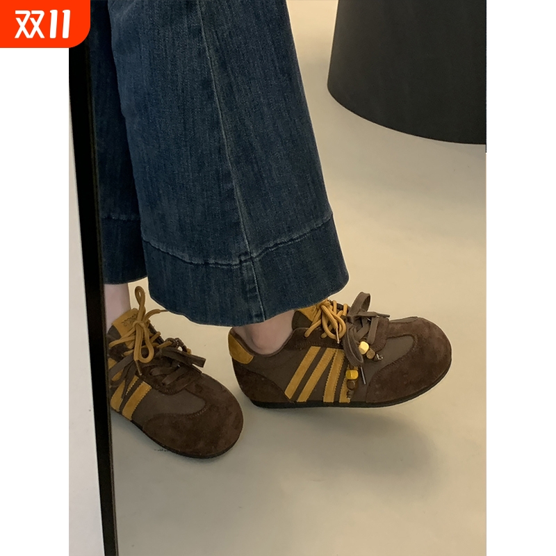 复古棕色德训鞋子女2025秋季新款爆款超火百搭休闲阿甘鞋厚底板鞋