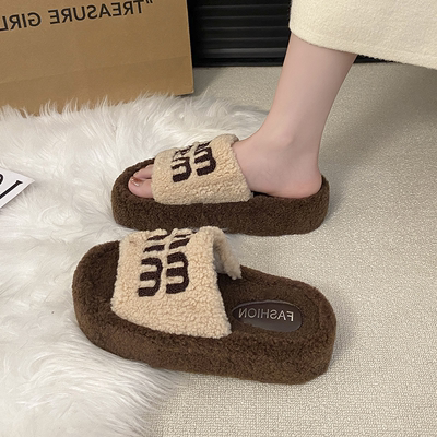 复古厚底毛毛拖鞋女秋冬外穿2025新款时尚高级感毛茸茸一字棉拖鞋