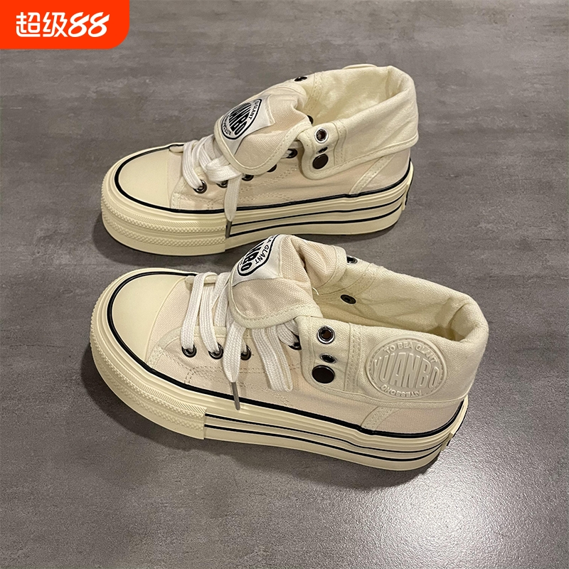 学生厚底帆布鞋女2025秋季新款高帮女鞋米色百搭舒适板鞋ins潮