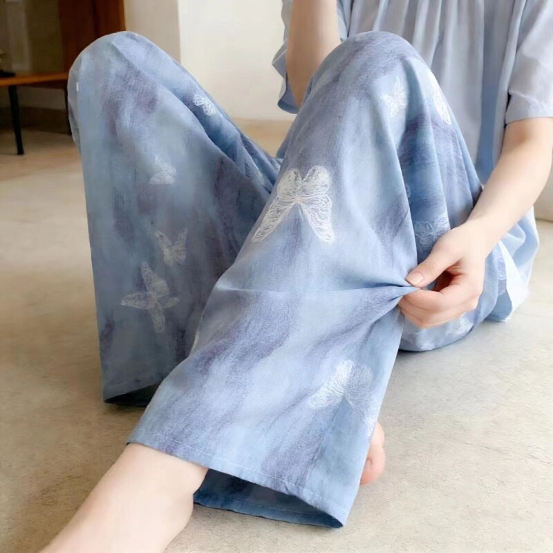 棉绸睡裤女夏薄款阔腿裤印花可外穿人造棉裤子家居短裤波点小碎花