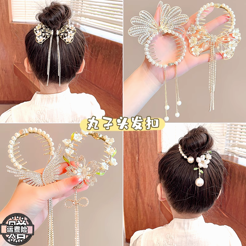 儿童丸子头发夹汉服女童头饰不伤发抓夹女孩发卡碎发神器古风新品