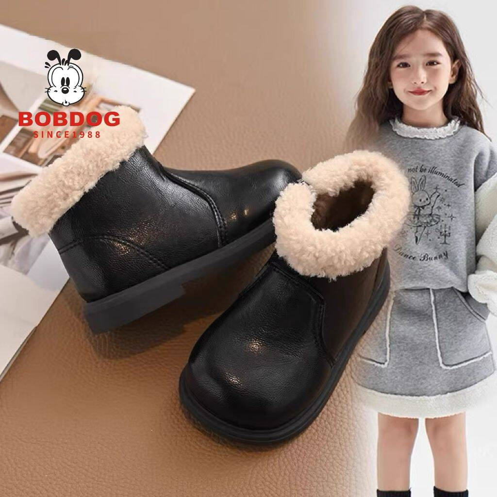 巴布豆棉鞋2025秋冬男童靴子冬季加绒儿童鞋短靴雪地靴黑色毛绒