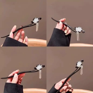 日常莲花檀木发簪女中式步摇流苏盘发簪子古风高级感发钗配饰双面