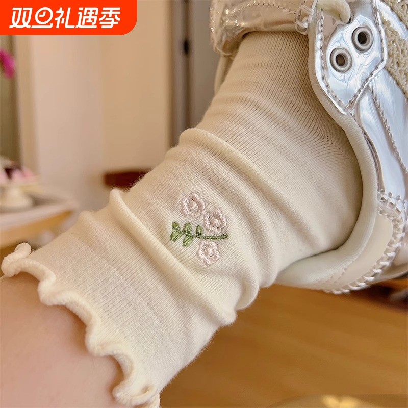 木耳边秋季袜子女中筒袜ins潮纯棉提花软糯无骨日系复古白色长袜