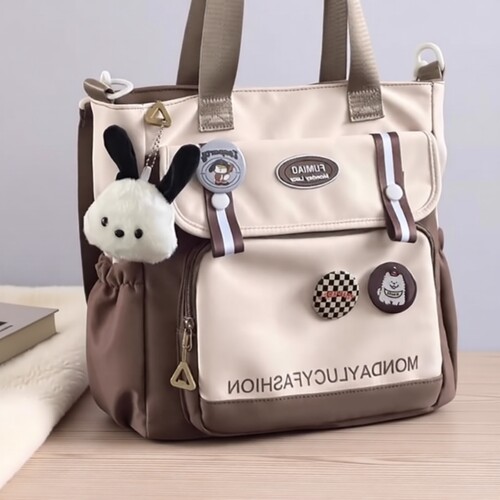 日系ins撞色学生党手提袋补习袋 帆布初中生大容量斜挎包上课包包